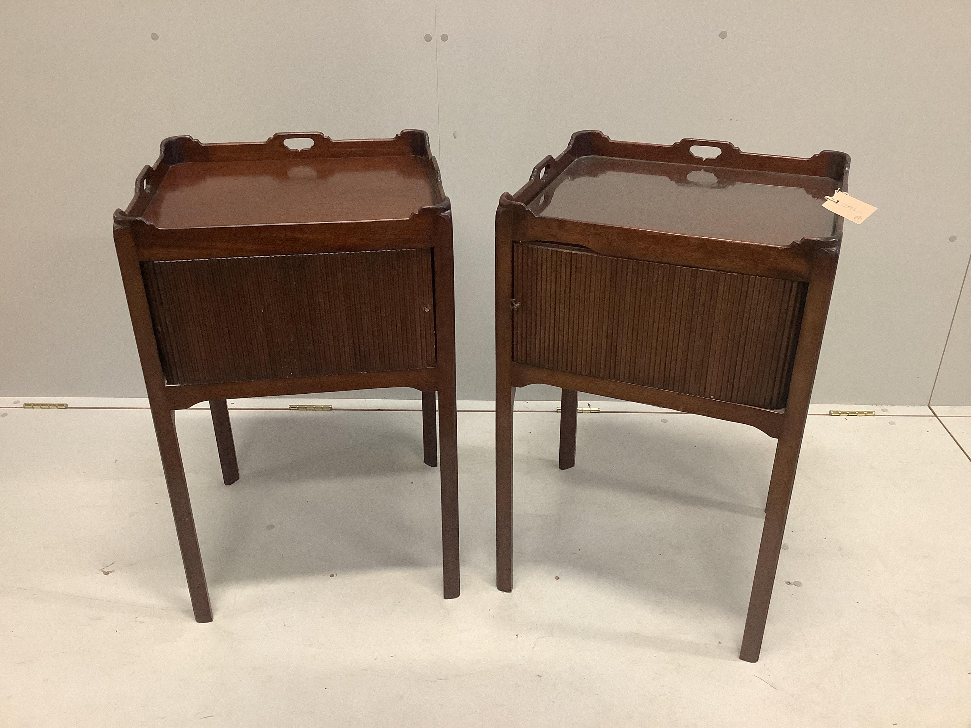 A pair of George III style mahogany tray top tambour bedside cabinets, width 48cm, depth 44cm, height 77cm